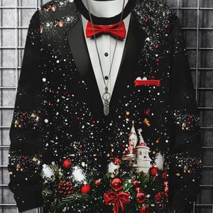 Feestelijk Heren Kerst T-shirt met Lange Mouwen - Casual Polyester Ronde Hals met Kerstman & Boom Print, Machinewasbaar, Perfect voor Feestdagen, Kerstslinger