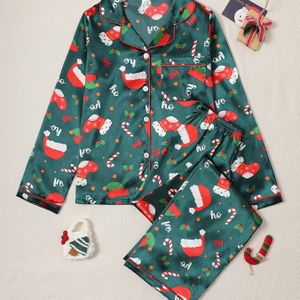 Vestigende Groene Kersttasprint Dubbel Lange Pyjama Set voor Vrouwen - Elegante Reverskraag, Gepatroonde Nachtkleding met Matchende Jumpsuit, Perfect voor Herfst/Winter Vakantiefeest