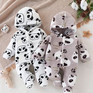 Baby Jongen Winter Schattige Pluche Panda Print Hooded Voetjes Romper Tweedelige Set met Knopen, Perfect voor Buiten , Perfect voor Buiten