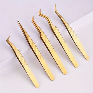 5-delige Professionele Wimperextensie Kit - Hoogwaardige Roestvrijstalen Wimper Grafting Tool Set met Gouden Wimperveer Clips & Pincet voor Wimpertechnicus Training, DIY (Beginnersvriendelijk)