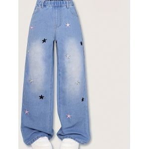 Meisjesdenim - Lichtblauwe Spijkerbroeken met Kleurrijke Sterrenborduursel, Elegante en Schattige Rechte Pijpen, Veelzijdig Casual Kleding voor Leeftijden 5-15, Uitstekende Paasgeschenk