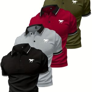 4 stuks Heren Zomer Polo Shirts met Dierenprints - Casual Knopen-Up Kragen, Korte Mouw, Lichtgewicht Polyester voor Golf, Gym, Vissen & Dagelijks (Blauw, Zwart, Grijs, Rood)