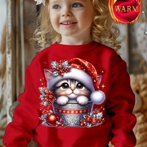 Creatief schattig kerstkat in bekerontwerp print meisjes comfortabele ronde hals lange mouwen warme fleece sweatshirt, veelzijdige gezellige pullover top voor buiten, herfst en winter beste keuze