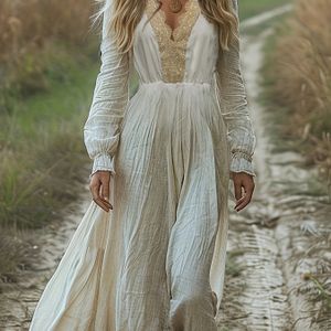 Vintage Bohemian Maxi-jurk met hoge taille, bloemen, kant en V-hals en wapperende mouwen - Elegante lange jurk voor dames, perfect voor alle seizoenen