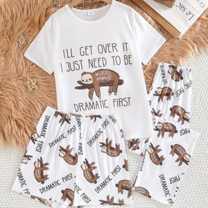 Korte Mouwen en Korte Broek Pyjama Set met Cartoon Boom Letter Print - Comfortabele Huiskleding voor Tieners