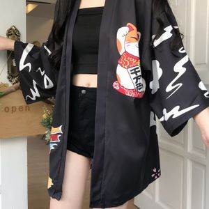 Schattig Japanse Kimono-stijl Strand Cover-Up met Cat Print - Loose Fit, Korte Mouw, Polyester, Zonbescherming, Zomer Strandkleding|Speelse Print Top|Polyester Stof