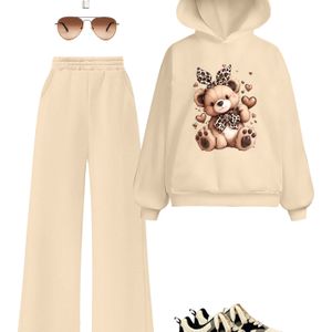 Meisjes Cartoon Print Hoodie en Wijde Pijpenbroek Set, Gebreide Casual Outfit met Letter Applicatie, Polyester Stof, Losse Pasvorm, Herfst/Winter Collectie, voor Buiten