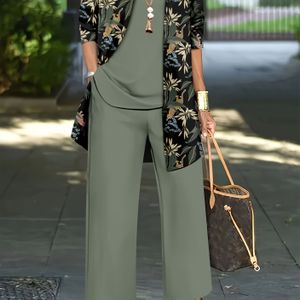 3- damesset met een bedrukte vestjas en gekleurde onderkleding, inclusief vest en casual broek voor dagelijks gebruik