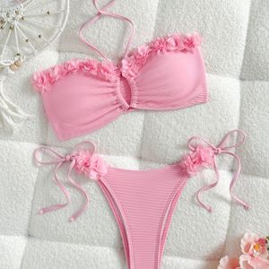 Dames Bikini Set met 3D Roze Bloemenpatroon, Hoge Stretch Polyester en Rubber, Twee-Delige Badpak, Perfect voor Strandvakanties
