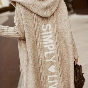 Open Front Hooded Cardigan, Casual Lange Mouw Knie Lengte Cardigan Met Zak Voor Herfst & Winter, Dameskleding