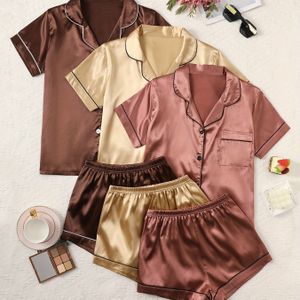 3-delige Dames Kleur Satijnen Revers Kraag Pyjama Set | Korte Mouw Button-Up Tops met Trim, Elastische Taille Shorts, Zomerse Casual Stijl