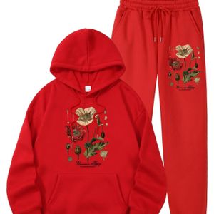 Women's Floral Print Crew Neck Sweatshirt And Jogger Pants Set, Long Sleeve Pocketed Tracksuit, Polyester Knit Fabric, For All Season