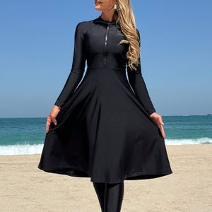 Dames Kleur Raglan Mouw Zip-Up Sluiting Top en Broek Burkini Pak voor Strandvakantie in de Zomer