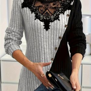 Plus Size - Elegante Damesblouse met Kant Patchwork en Lange Mouwen
