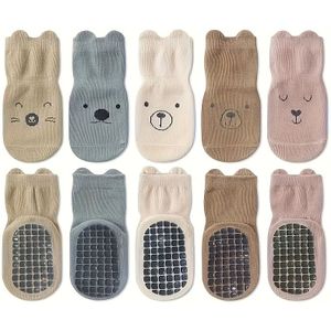 5-paar Baby -Slip Sokken met Schattige Dieren & Berenpoot Patronen, Zachte Antislipzool, Alledaagse Eerste Stapjes (Olifant) - Beige/Grijs/Donkergrijs