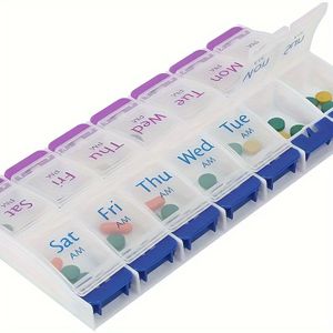 Compacte Pillenorganizer met 14 Vakken - Draagbaar, Stofdicht, Transparante Reisetui met Blauwe Sluiting voor Dagelijks Medicatiebeheer, Gemaakt van Duurzaam Polypropyleen, Schattige Pillendoos