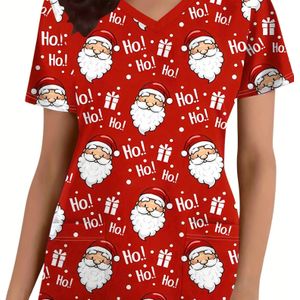 Dames Kerst Verpleegster Uniform & Feest T-Shirt - Korte Mouw Zakkenjas met Santa Print, Zachte Werkkleding voor Zorgprofessionals, Wasmachinebestendige Personeelsuniformen (Geen Riem)