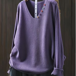 Plus Size - Dames Casual V-Hals Trui met Knopen - Lange Mouw, Losse Pasvorm, Kleur, Retro Stijl, Herfst/Winter Collectie, Casual Kleding, Comfortabele Trui, Trui met Knopen