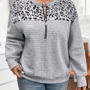 Plus Size, Europees en Amerikaans -Border Plus Size Dames Luipaardprint Half-Zip Sweatshirt