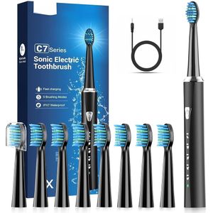 Elektrische Tandenborstel voor Volwassenen - Elektrische Tandenborstel met 8 Opzetkoppen, 5 , 2 Minuten Timer Donkerzwart