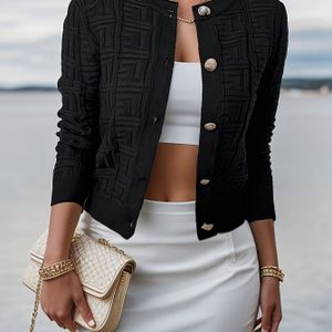 Vrouwen Plus Size Elegante Geometrisch Vest - Lange Mouw Korte Knopenjas, Zachte Ronde Hals Lagenstuk voor Casual tot Formele Outfits, Textuur Stof