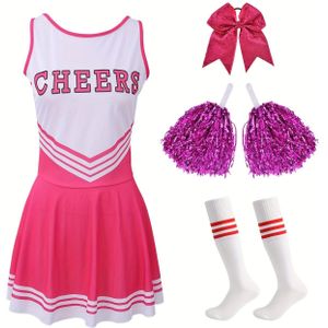 6-delige set roze cheerleaderjurken voor dames met strik, cheerpompons en sokken, ideaal voor muzikale feesten, Halloween-partijen, sport- en buitenshows.