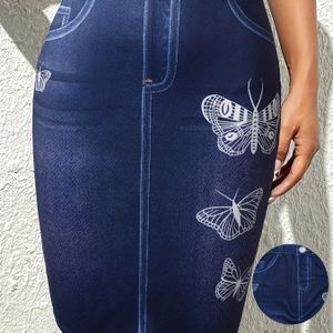 Print Denim Skirt, Elegant High Waist Bodycon Skirt For , Women's Clothing