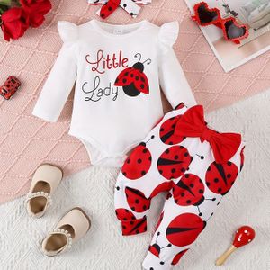 Pasgeboren Lente en Herfst Seizoen Jonge Lente en Herfst Seizoen Actief Alfabet Print Lange Mouw Onesie + Strik Das + Broek + Hoofddoek Driekwart Set, voor Buiten