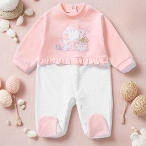 Zacht en comfortabel fluwelen buitenvoetjes onesie voor baby's, met schattig roze cartoonontwerp, perfect om te kruipen en geschikt voor alle seizoenen