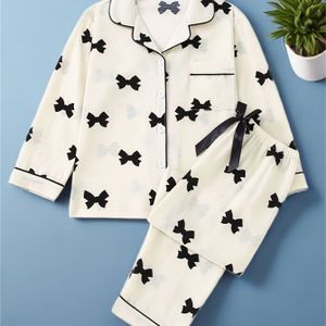 Meisjes Pyjama Lente/Herfst, Felgekleurd, Lange Mouwen en Broek Tweedelige Set, Casual Loungewear, Schattig Comfortabel Stijlvol, Eenvoudige Knoopsluiting met Strik op Broek, voor Tieners