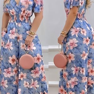 Vrouwen Elegante Bloemenprint V-hals Jumpsuit, Polyester 100% Wijde Pijpen Lange Lengte, Zomerse Casual Weekendkleding, Niet-rekbare Geweven Stof, Pasvorm met Elastische Taille Sluiting