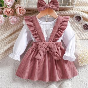 Meisjesjurkset Herfst en Winter Baby Meisje Lange Mouwen Top + Vlinder Bretelrok Hoofdband, voor Buiten