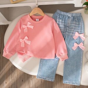 Meisjes Casual Uitje Mode Kleur Strik Decor Regular Fit Ronde Hals Lange Mouw Top en Gedrukt Denim Broek Twee-Delige Set voor /Herfst