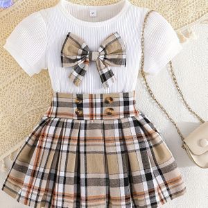 voor Meisjes 2-8 Jaar Modieuze Pofmouw Strik Top en Elastische Geplooide Rok Zomer Outfit Kledingset Kinderkledij Ootd Voor Jongens