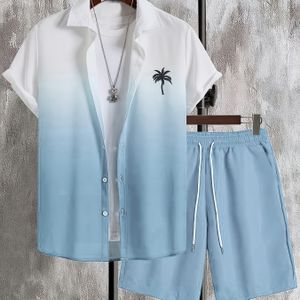 Herenset: Korte Mouw Shirt met Palmboom Gradiënt Print + Elastische Taille Shorts in Vakantiestijl