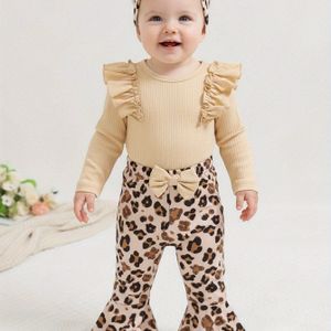 Baby Meisjes Herfst Kleur Geribbelde Lange Mouwen Romper met Luipaardprint Strik Wijd Uitlopende Broek en Strik Haarband Set, Geschikt voor Buiten , Perfect voor Buiten