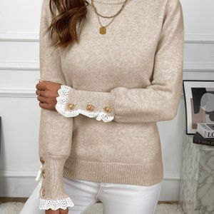 Vrouwen Cozy Rood Geribbelde Trui met Kanten Trim - Casual Lange Mouw Pullover voor Herfst & Winter, Nek, Zacht & Warm, Machine Wasbaar, Herfst Winter Kleding | Kanten Trim Trui | Textuur