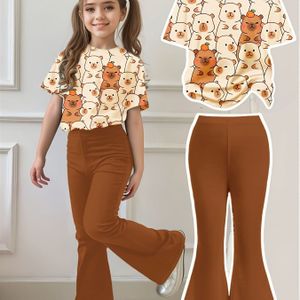 Girls' Cute Capybara Cartoon Animal Print Two-piece Set: Simple Casual Short-sleeve Top With Flared Pants, Suitable For Spring, Summer, And Autumn (ages 7-14), Outdoor