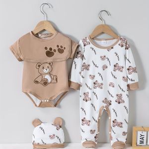 Nieuwgeboren Babyjongen Vier Seizoenen Comfortabel Cartoon Beer Korte Mouw Bodysuit Set, Inclusief Lange Mouw Bodysuit + Korte Mouw Bodysuit + Hoed + Lekker, 4 Stuks Set, Voor Buiten
