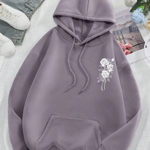 Elegante Speciale Herfst/Winter Hoodie met Bloemenprint, Polyester Breiselstof, Warme Gevoerde Hoodie met Trekkoord, Hoodie met Capuchon ZweetshIRT
