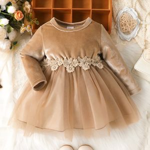 Zachte Beige & Kant & Gaas Prinsessenjurk voor Baby Meisjes - Lange Mouwen Winter Bruiloft Doop Feestjurk met Ronde Hals, Paraplu & Gerimpelde Kraag, Machine Wasbare Formele Kleding