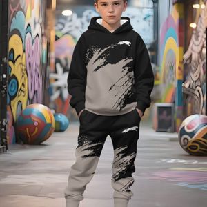Jongens' Trendy Cartoon Print Hoodie Set, Perfect voor Buiten
