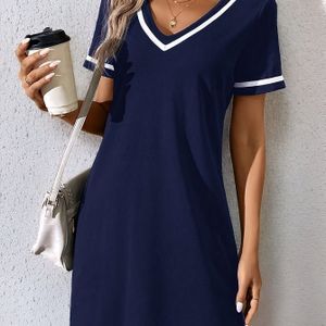 Vrouwen Casual V-Hals Color-Block Jurk met Riem - 100% Polyester, Wasmachinebestendig, Nagebootste Silhouet, Groen & Witte Strepen voor Lente Zomer Herfst