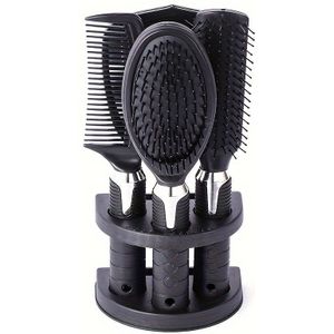 4-delige Professionele Salon Haarstyling Set, Geurvrije Borstels voor Alle Haartypes met Spiegel & Houder - Zwart, Haarborstel