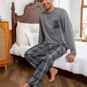 Heren Casual Crew Neck Lange Mouw -shirt & Broek Slaapset, 100% Polyester Gebreide Pyjamaset, All Season Comfortabele Loungewear Pullover, Lichte Stretch Pasvorm - Grijs/Geruit