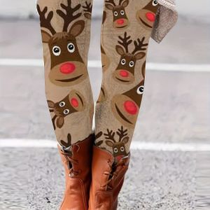 Stijl] Plus Size Dames Festive Rendier Print Hoge Taille Yoga Broek - Rekbare, Comfortabele Polyester Activewear Leggings voor Hardlopen & Fitness, Workout Leggings