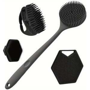 4-delige Silicone Body Brush Set - Lange Handgreep Rug Reinigingsborstel, Zacht Haar en Gezichtsborstel, Handheld Badborstel - Niet-Elektrisch, Antislip Handvat, Diepe Reiniging en Massage Tool