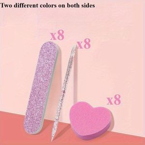 24-delige roze glitter nagelverzorgingset - hartvormige polijsten, kristalstokjes en dubbelzijdige nagelscharen voor manicure en pedicure, spetterend roze glitter ontwerp