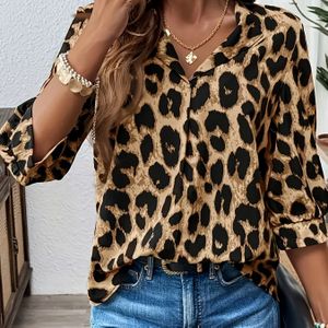 Elegante damesblouse met luipaardprint en V-hals - Casual shirt met korte mouwen en bruine dierenprint, lichtgewicht zomertop voor casual kleding