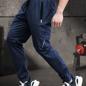 Men's High-waisted Running & Training Pants With Zipper Pockets - Stretchy, Breathable Polyester, Dark Blue, Gym, Hiking, And Casual Wear, Workout Pant